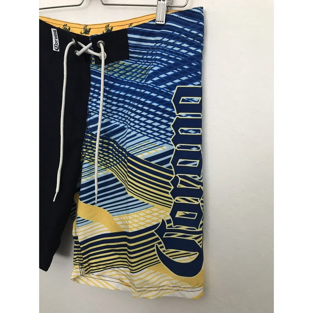 Corona Mens Board Shorts Blue Spellout Swim Beer Drawstring Pocket Sz L Flaw